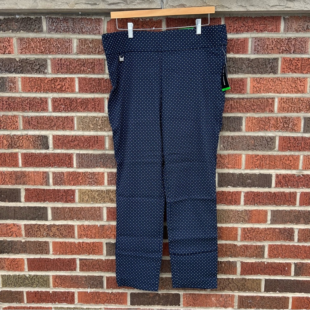 Zoe + Phoebe Navy Blue and White Polka Dotted Mid Rise Straight Fit Trousers